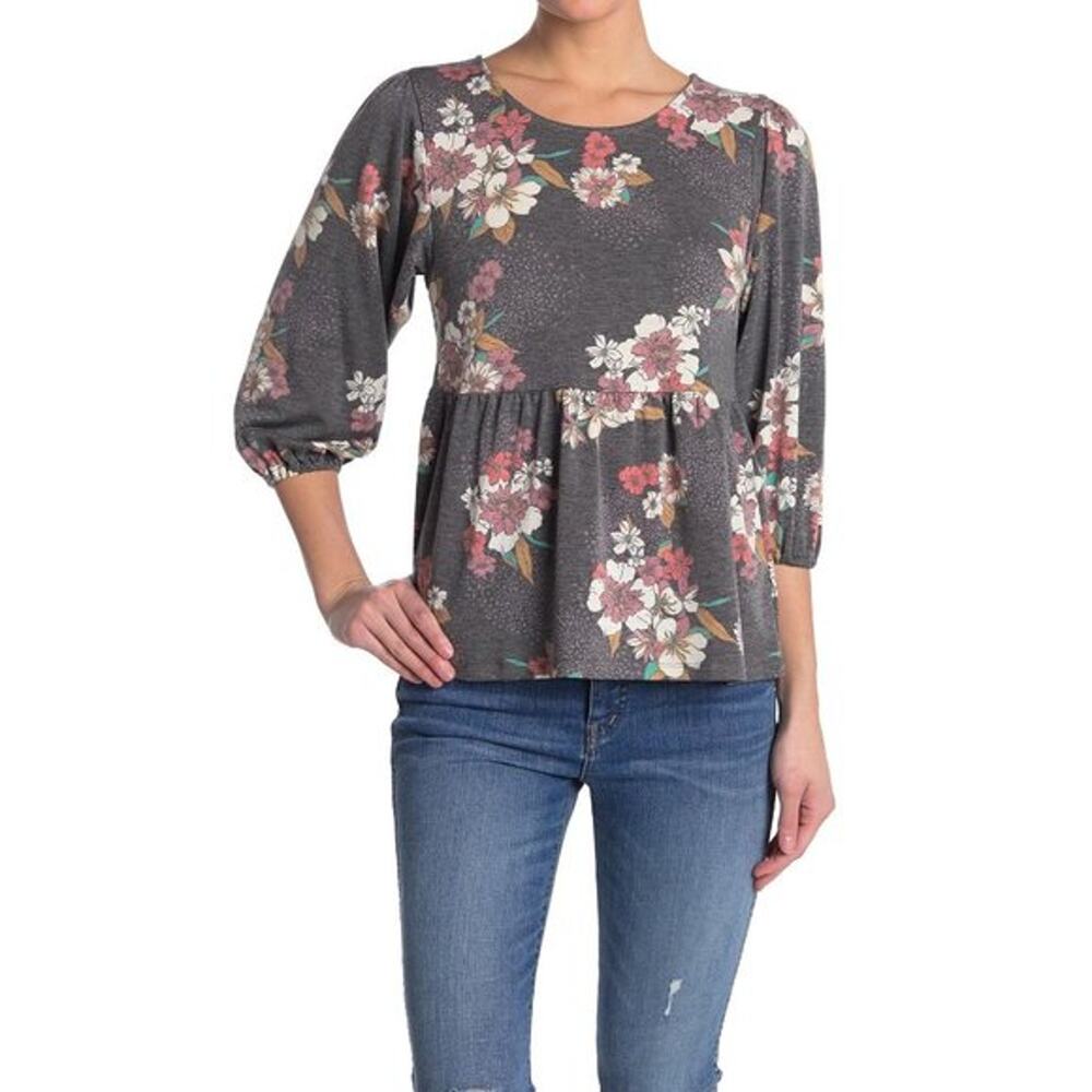Bobeau Babydoll Floral Faded Print 3/4 Sleeve Top Gray Pink